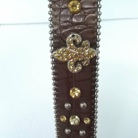 Leather Belt Brown Croc Silver Tone Gold, Amber Rhinestones Fleur De Les 40\